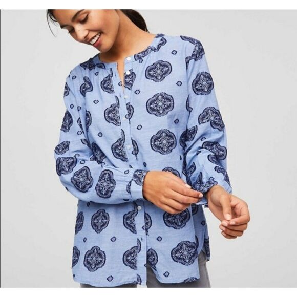 LOFT Boho Peasant Cottage Button-Front Medallion Print Top Blue Size Medium - Picture 1 of 6